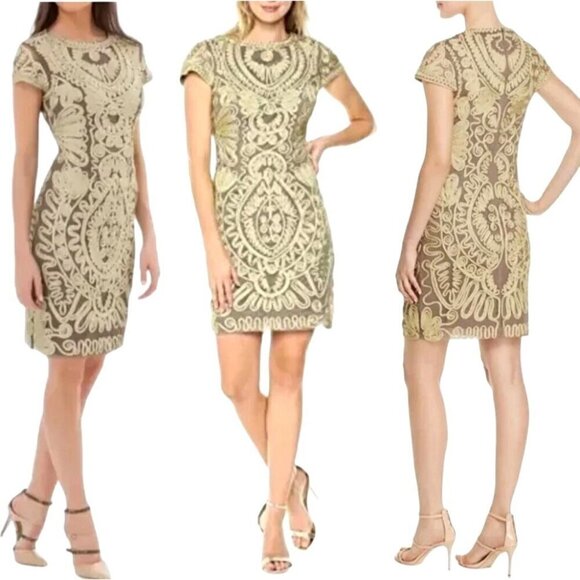 JS Collections Dress Women 6 Gold Cap Sleeve Embroidered‎ Sheath Mini Cocktail - Picture 1 of 11